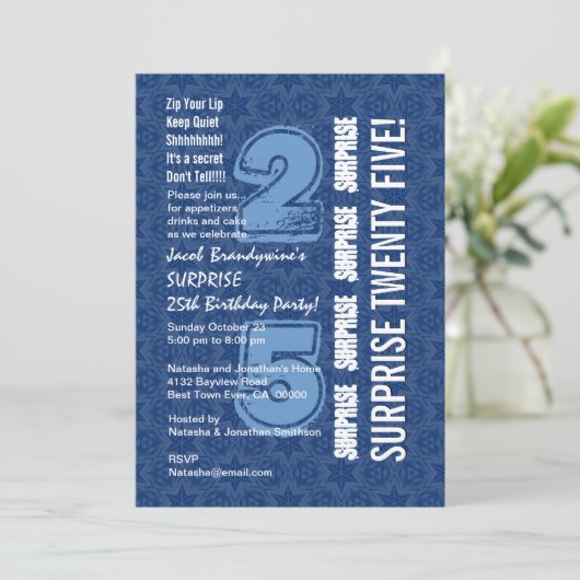 SURPRISE 25th Birthday Modern Blue and White W544 Kaart (Staand voorkant)