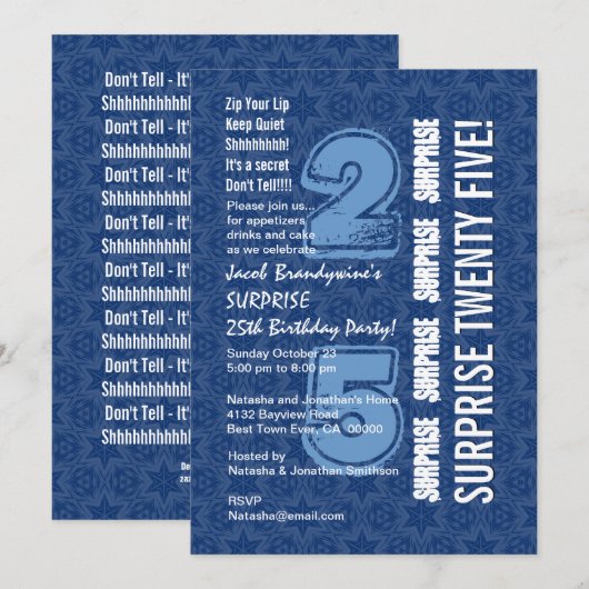 SURPRISE 25th Birthday Modern Blue and White W544 Kaart (Voorkant / Achterkant)