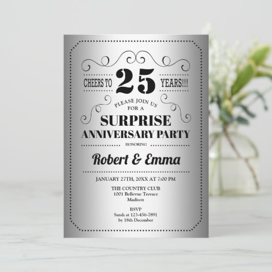 Surprise 25th Jubileum Party - Zilver Zwart Kaart (Staand voorkant)