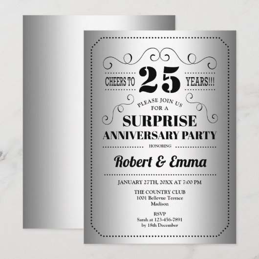 Surprise 25th Jubileum Party - Zilver Zwart Kaart (Voorkant / Achterkant)