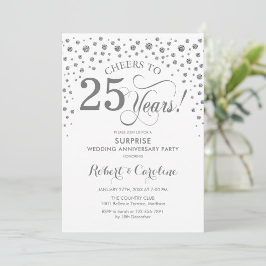 Surprise 25th Jubileum Party - Zilverwit Kaart (Staand voorkant)