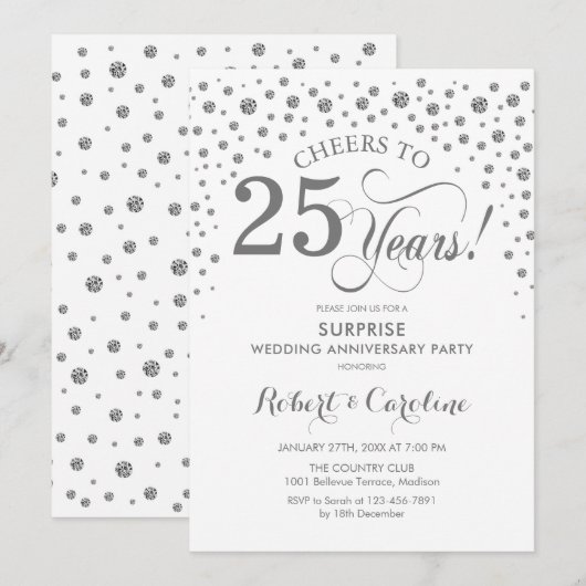 Surprise 25th Jubileum Party - Zilverwit Kaart (Voorkant / Achterkant)