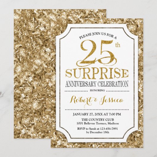 Surprise 25th Wedding Jubileum - Wit Goud Kaart (Voorkant / Achterkant)