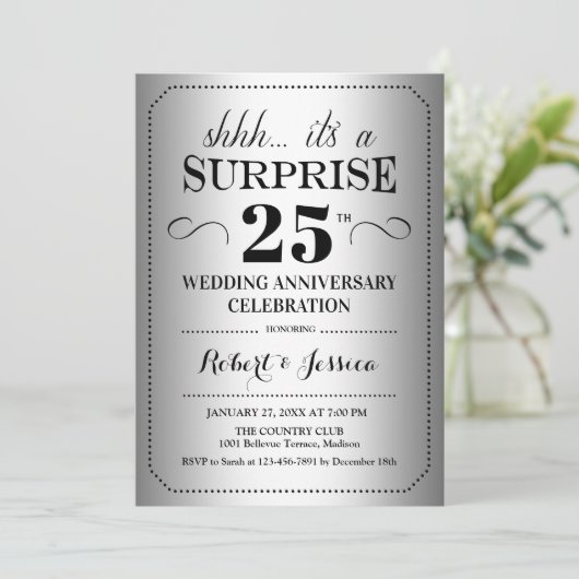 Surprise 25th Wedding Jubileum - Zilver Zwart Kaart (Staand voorkant)