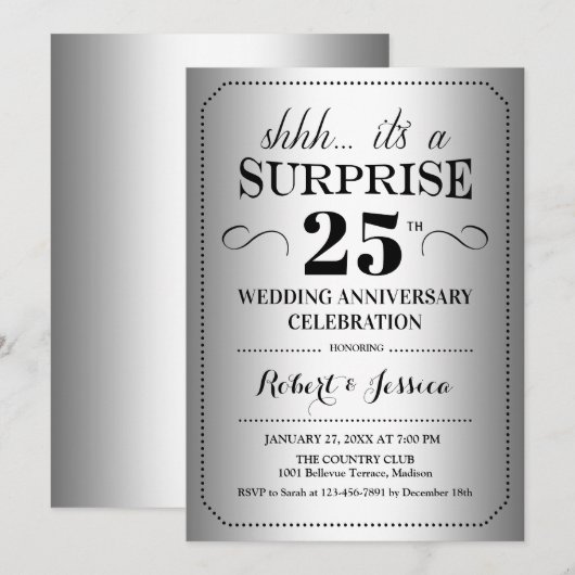 Surprise 25th Wedding Jubileum - Zilver Zwart Kaart (Voorkant / Achterkant)