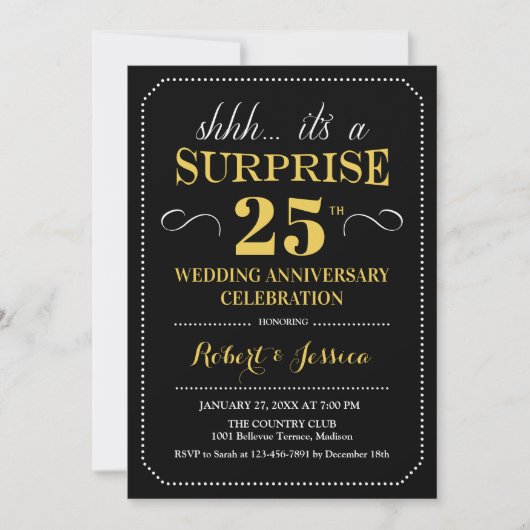 Surprise 25th Wedding Jubileum - Zwart Goud Kaart (Voorkant)