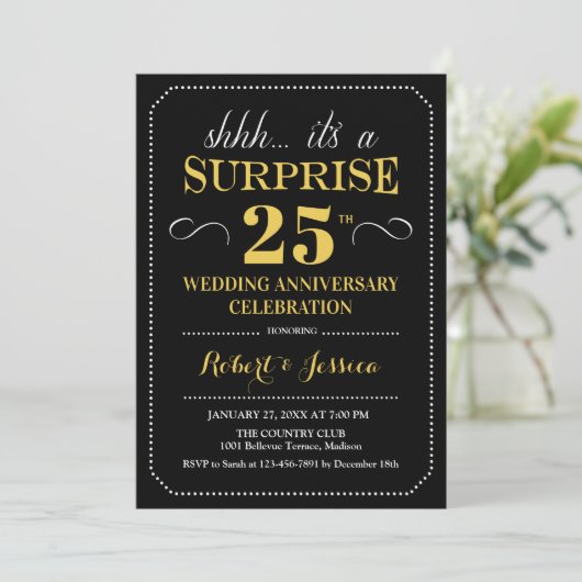 Surprise 25th Wedding Jubileum - Zwart Goud Kaart (Staand voorkant)