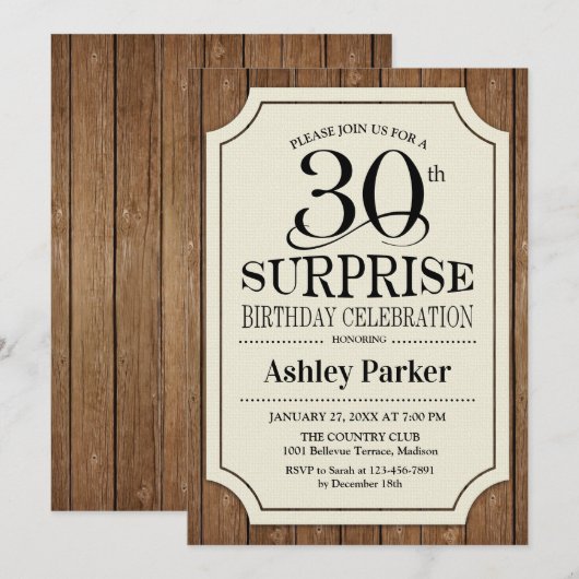 Surprise 30e verjaardagsfeest - houtpatroon kaart (Voorkant / Achterkant)