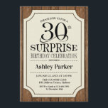 Surprise 30e verjaardagsfeest - houtpatroon kaart<br><div class="desc">Rustieke uitnodiging voor 30e verjaardagsfeest verrassing.
Elegant klassiek ontwerp met donkerbruin hout en jute patroon. Kenmerken elegante zwarte script lettertype. Stuur me een bericht als je verdere aanpassing nodig hebt.</div>