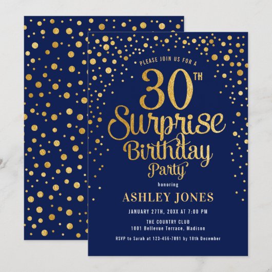 Surprise 30e verjaardagsfeest - Marineblauw en Gou Kaart (Voorkant / Achterkant)