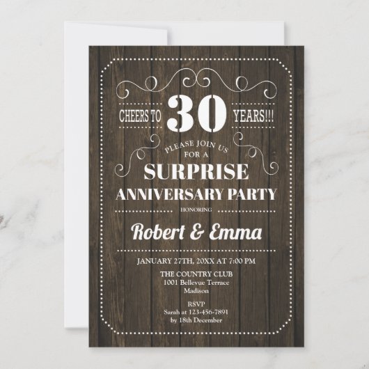Surprise 30th Anniversary Party - Rustieke Hout Kaart (Voorkant)
