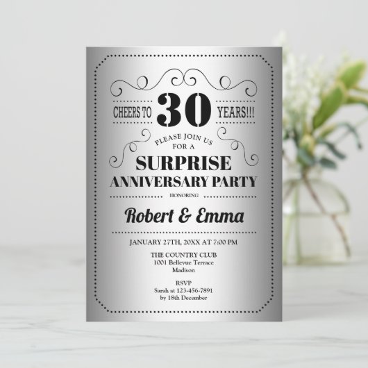 Surprise 30th Anniversary Party - Zilver Zwart Kaart (Staand voorkant)