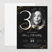 Surprise 30th Birthday Black Gold Photo Invitation Kaart (Voorkant / Achterkant)