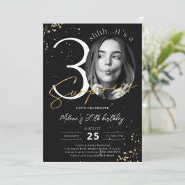 Surprise 30th Birthday Black Gold Photo Invitation Kaart
