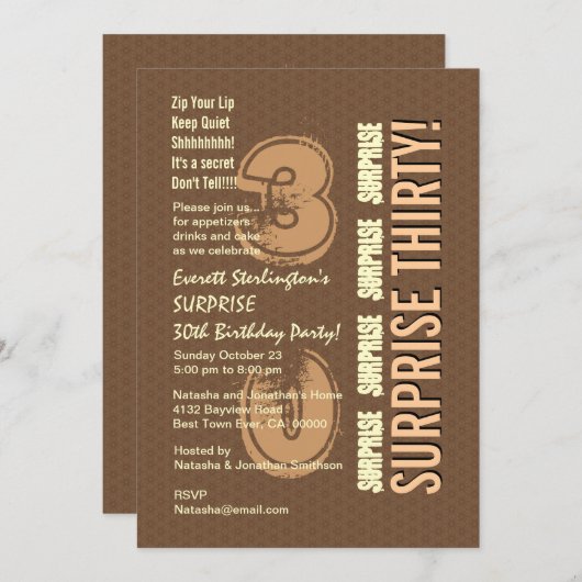 SURPRISE 30th Birthday Brown Tan Ivory V8 Kaart (Voorkant / Achterkant)