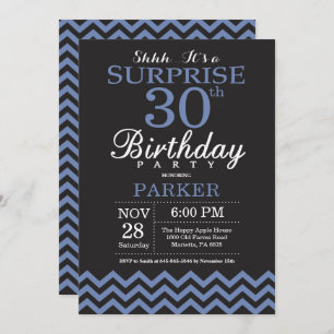 Surprise 30th Birthday Invitation Black and Blue Kaart