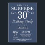 Surprise 30th Birthday Invitation Blue and White Kaart<br><div class="desc">Verrassend 30e verjaardag Uitnodiging met Blauwe Achtergrond. Marineblauw. Volwassen verjaardag. Mannen of vrouwen uitgenodigd. Elke leeftijd. Voor verdere aanpassing,  te klikken gelieve de knoop "van de Aanpassing het"en ons ontwerphulpmiddel te gebruiken om deze sjabloon te wijzigen.</div>