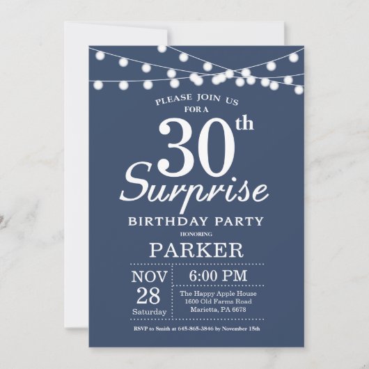 Surprise 30th Birthday Invitation Blue and White Kaart (Voorkant)