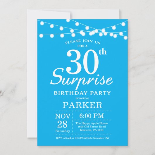 Surprise 30th Birthday Invitation Blue and White Kaart (Voorkant)