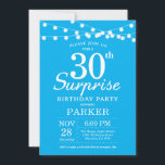 Surprise 30th Birthday Invitation Blue and White Kaart<br><div class="desc">Verrassing 30e verjaardag uitnodiging met strijklichten. Blauwe achtergrond. Verjaardag van mannen of vrouwen. 13e 15e 16e 18e 20e 21e 30e 40e 50e 60e 70e 80e 90e 100e,  elke leeftijd. Voor verdere aanpassing klikt u op de knop "Aanpassen" en gebruikt u onze ontwerptool om deze sjabloon te wijzigen.</div>