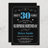 Surprise 30th Birthday Invitation Blue en Black Kaart (Voorkant / Achterkant)