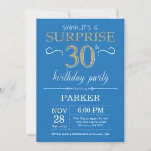 Surprise 30th Birthday Invitation Blue en Gold Kaart