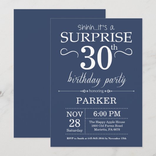 Surprise 30th Birthday Invitation Blue Kaart (Voorkant / Achterkant)