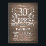 Surprise 30th Birthday Invitation Rustic Wood Kaart<br><div class="desc">Verrassend 30e verjaardag Uitnodiging Rustic Wood Achtergrond. 15e 16e 18e 21e 21e 30e 40e 60e 70e 90e 100e,  elke leeftijd. Volwassen verjaardag. Man Male Birthday Party. Voor verdere aanpassing,  te klikken gelieve de knoop "van de Aanpassing het"en ons ontwerphulpmiddel te gebruiken om deze sjabloon te wijzigen.</div>