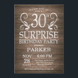 Surprise 30th Birthday Invitation Rustic Wood Kaart<br><div class="desc">Verrassend 30e verjaardag Uitnodiging Rustic Wood Achtergrond. 15e 16e 18e 21e 21e 30e 40e 60e 70e 90e 100e,  elke leeftijd. Volwassen verjaardag. Man Male Birthday Party. Voor verdere aanpassing,  te klikken gelieve de knoop "van de Aanpassing het"en ons ontwerphulpmiddel te gebruiken om deze sjabloon te wijzigen.</div>