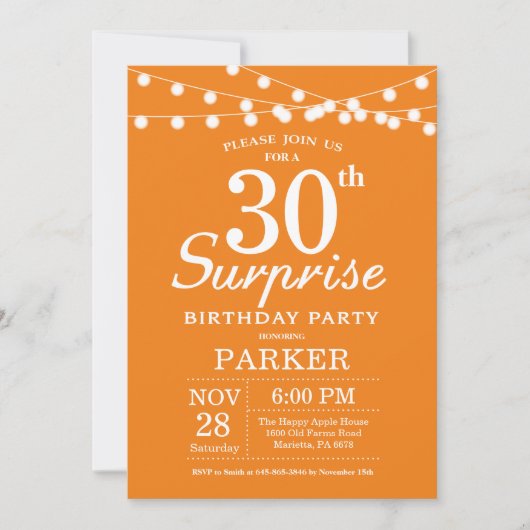 Surprise 30th Birthday Invitation Sinaasappel Kaart (Voorkant)