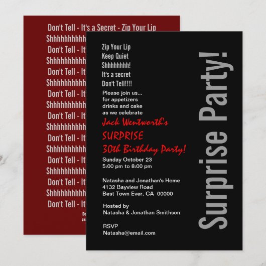 SURPRISE 30th Birthday Modern Black Red Kaart (Voorkant / Achterkant)