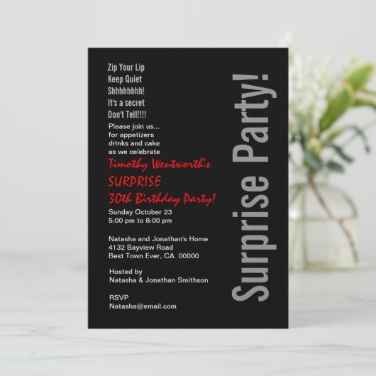 SURPRISE 30th Birthday Modern Black Silver Red Kaart (Staand voorkant)