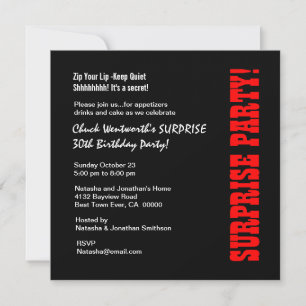 SURPRISE 30th Birthday Party Black Red Metallic Kaart