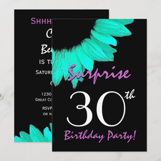 SURPRISE 30th Birthday Party Mint Green Sunflower Kaart (Voorkant / Achterkant)