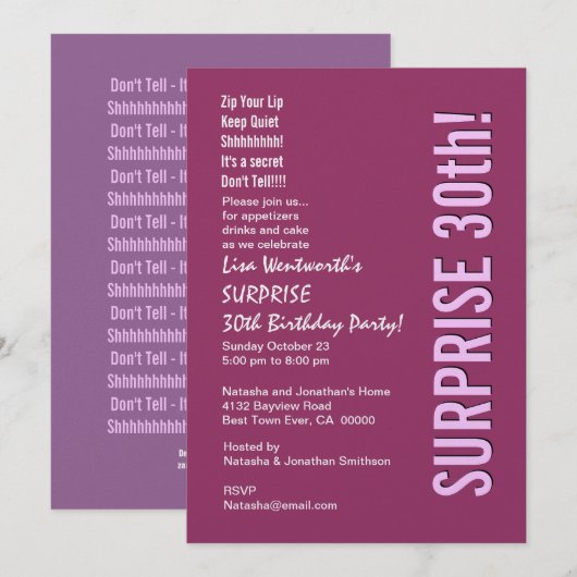 SURPRISE 30th Birthday Party Modern roze Berry Kaart (Voorkant / Achterkant)
