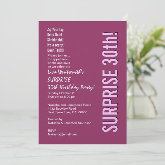 SURPRISE 30th Birthday Party Modern roze Berry Kaart (Staand voorkant)