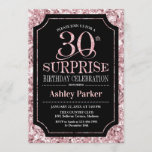 Surprise 30th Birthday Party - Roos Gold Zwart Kaart<br><div class="desc">Verrassing 30e verjaardag viering uitnodiging. Elegant stijlvol ontwerp in zwart en faux glitter roos gouden motief. Beschikt over een elegant scriptlettertype. Stuur me een bericht als je verder moet worden aangepast.</div>