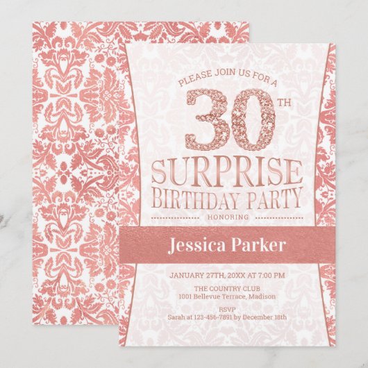 Surprise 30th Birthday Party - Roos Goud Wit Kaart (Voorkant / Achterkant)