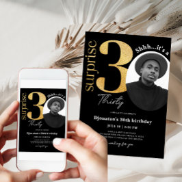 Surprise 30th Black Gold Birthday Invitation Foto Kaart