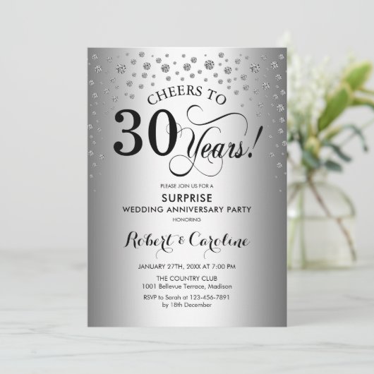 Surprise 30th Jubileum Party Zilver Zwart Kaart (Staand voorkant)
