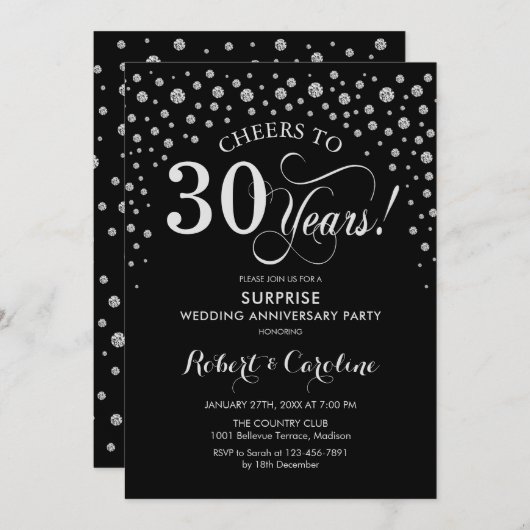 Surprise 30th verjaardagsfeest Zwart Zilver Kaart (Voorkant / Achterkant)