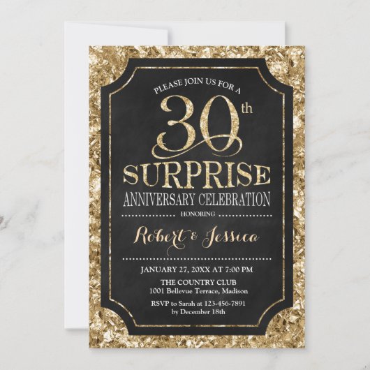 Surprise 30th Wedding Jubileum - Zwart Goud Kaart (Voorkant)