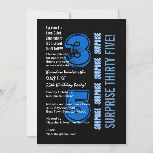 SURPRISE 35th Modern Birthday Blue en Black Kaart (Voorkant)