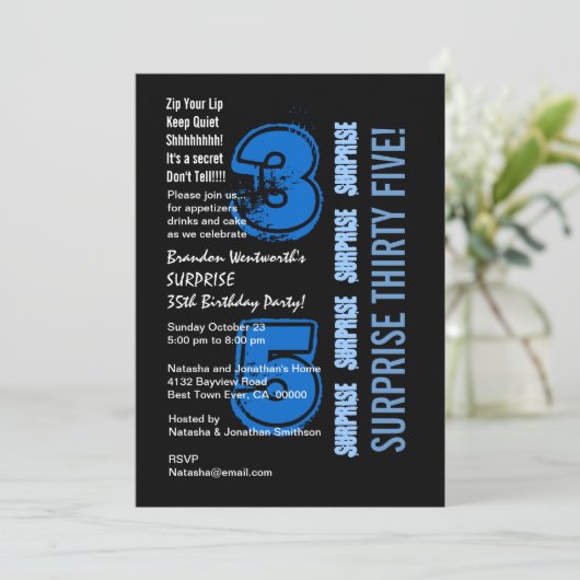 SURPRISE 35th Modern Birthday Blue en Black Kaart (Staand voorkant)