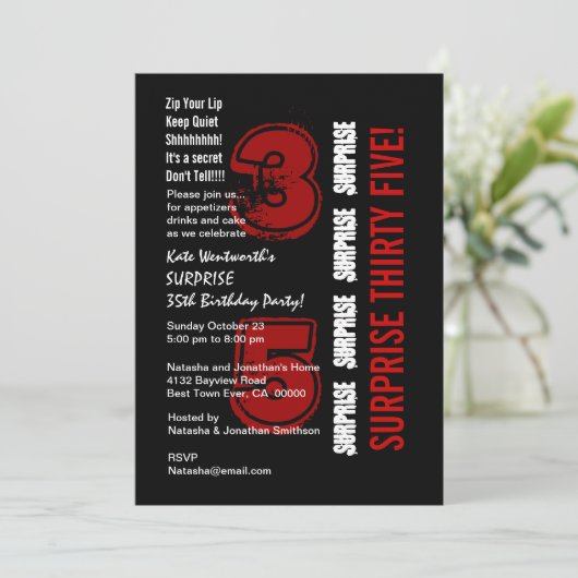 SURPRISE 35th Modern Birthday Red Black and White Kaart (Staand voorkant)