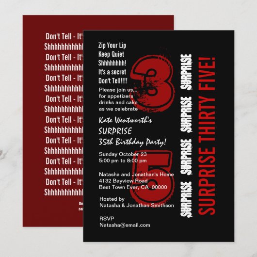 SURPRISE 35th Modern Birthday Red Black and White Kaart (Voorkant / Achterkant)
