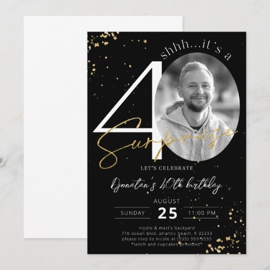 Surprise 40th Birthday Black Gold Photo Invitation Kaart (Voorkant / Achterkant)