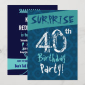SURPRISE 40th Birthday Blue en Aqua Sjabloon W608 Kaart (Voorkant / Achterkant)
