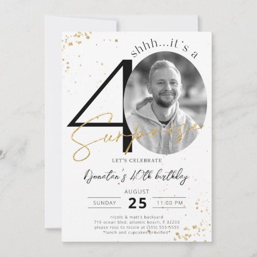 Surprise 40th Birthday Gold Photo Invitation Kaart (Voorkant)