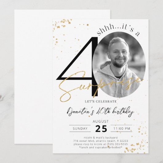 Surprise 40th Birthday Gold Photo Invitation Kaart (Voorkant / Achterkant)